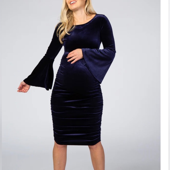 Navy Blue Velvet Ruched Bell Sleeve Maternity Dress - Picture 2 of 3